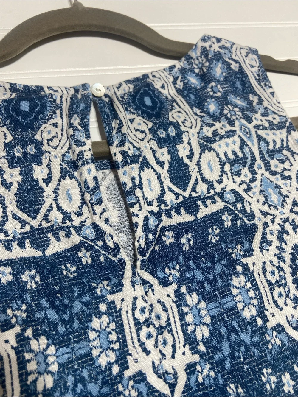 Rachel Zoe 100% Linen Trapeze Dress size M Blue White Geometric Print‎ Pockets